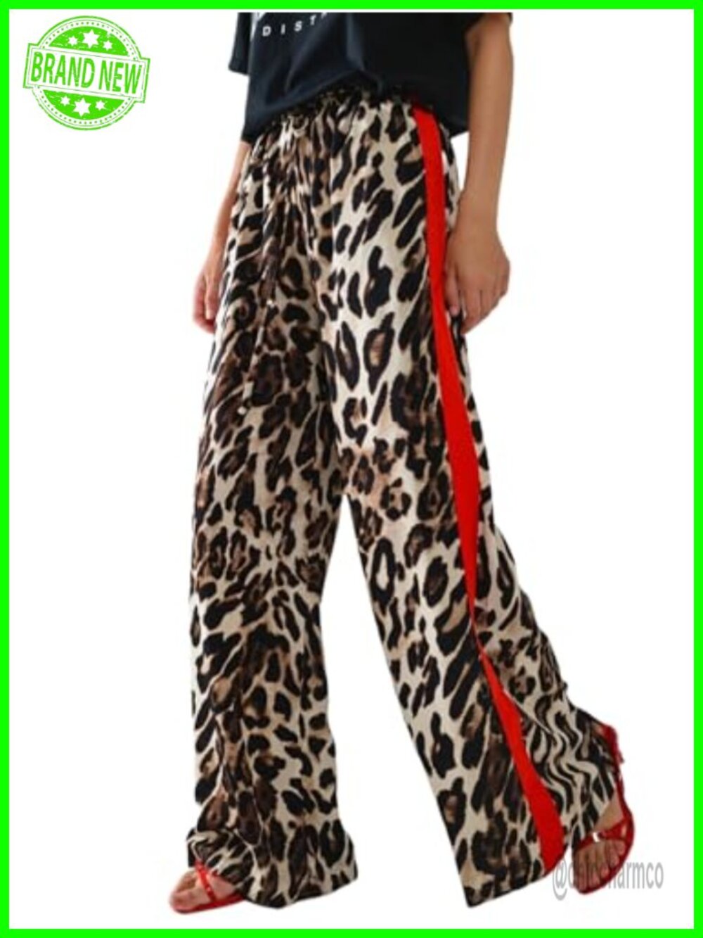 Drawstring Leopard Side Striped Wide Leg Casual Pants